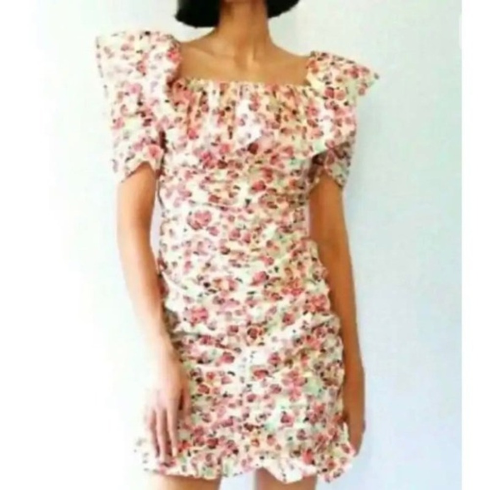 Zara Ruffle Collar Floral Prints Ruched Bodycon Dress Sz.4 NWT Prairie Coquette